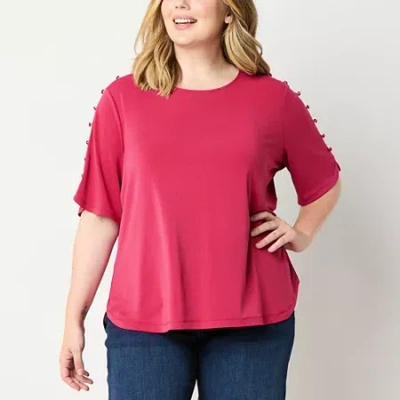 Liz Claiborne Sustainable Womens Plus Round Neck Elbow Sleeve Blouse In Red