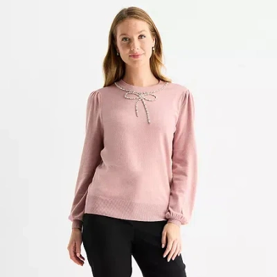 Liz Claiborne Tall Womens Crew Neck Embellished Long Sleeve Pullover Sweater In Pink