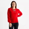 Liz Claiborne Tall Womens Crew Neck Embellished Long Sleeve Pullover Sweater In Red