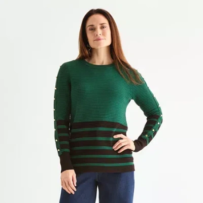 Liz Claiborne Tall Womens Crew Neck Long Sleeve Striped Pullover Sweater In Green