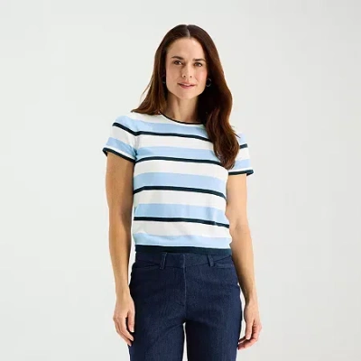 Liz Claiborne Tall Womens Crew Neck Short Sleeve Striped Pullover Sweater In Blue