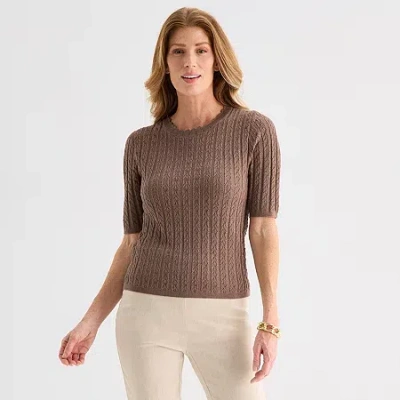 Liz Claiborne Tall Womens Scallop Neck Short Sleeve Pullover Sweater In Brown