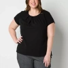 Liz Claiborne Texture Womens Plus Round Neck Short Sleeve Blouse In Black