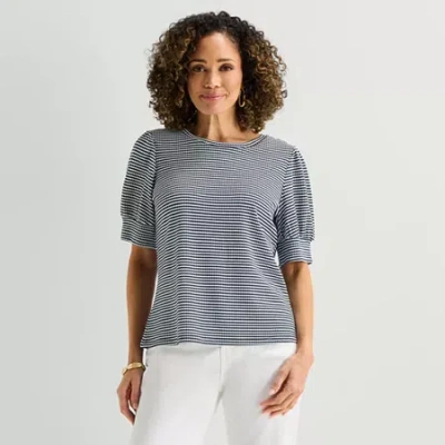 Liz Claiborne Textured Womens Crew Neck Short Sleeve Blouse In Blue