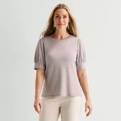 Liz Claiborne Textured Womens Crew Neck Short Sleeve Blouse In Brown