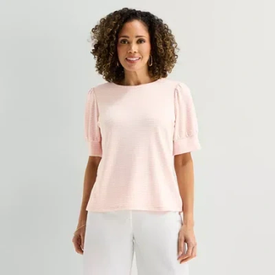 Liz Claiborne Textured Womens Crew Neck Short Sleeve Blouse In Pink
