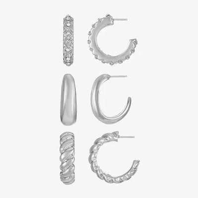 Liz Claiborne Twisted Huggie Hoop Womens Glass Hypoallergenic 3 Pair Earring Set In Silver