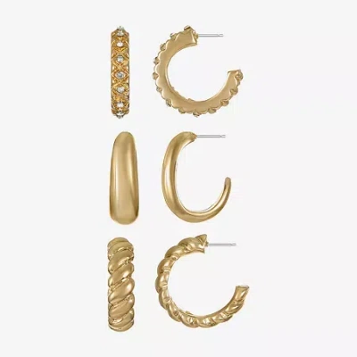 Liz Claiborne Twisted Huggie Hoop Womens Glass Hypoallergenic 3 Pair Earring Set In Gold