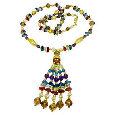 Pre-owned Liz Claiborne Vintage Gold Tone Colorful Faux Gemstones Designer Beaded Necklace In Multi