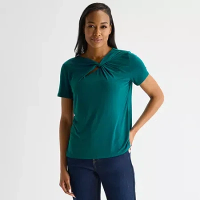 Liz Claiborne Womens Asymmetrical Neck Short Sleeve Blouse In Blue