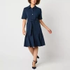 Liz Claiborne Womens Belted Short Sleeve Midi Shirt Dress In Blue