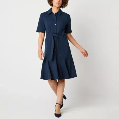 Liz Claiborne Womens Belted Short Sleeve Midi Shirt Dress In Blue