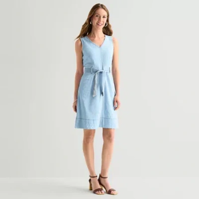 Liz Claiborne Womens Belted Sleeveless Midi Shift Dress In Blue