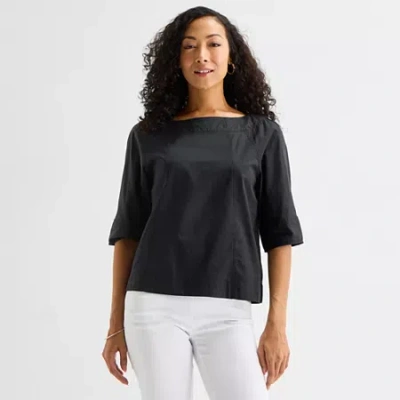 Liz Claiborne Womens Boat Neck 3/4 Sleeve Blouse In Black