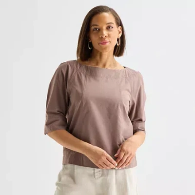 Liz Claiborne Womens Boat Neck 3/4 Sleeve Blouse In Brown