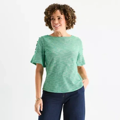 Liz Claiborne Womens Boat Neck Elbow Sleeve Blouse In Green