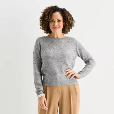 Liz Claiborne Womens Boat Neck Long Sleeve Pullover Sweater In Gray