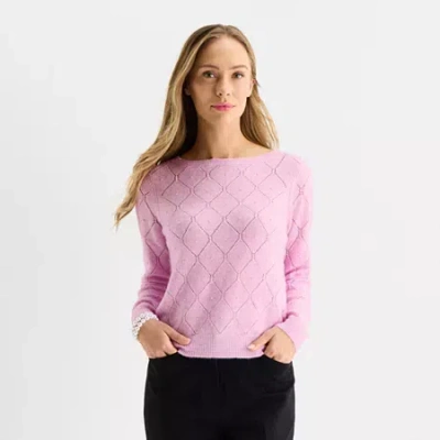 Liz Claiborne Womens Boat Neck Long Sleeve Pullover Sweater In Pink