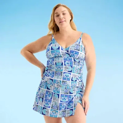 Liz Claiborne Womens Comfort Straps Shirred Patchwork Plus Tankini Swimsuit Top In Blue