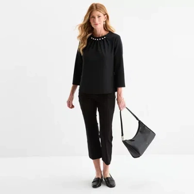 Liz Claiborne Womens Crew Neck 3/4 Sleeve Blouse In Black