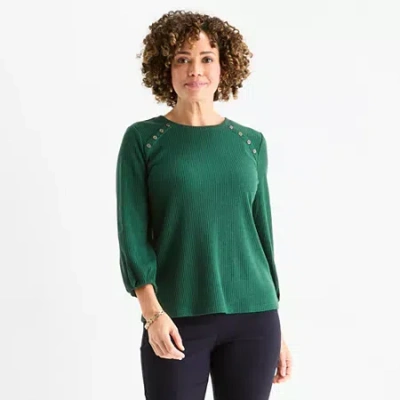 Liz Claiborne Womens Crew Neck 3/4 Sleeve Blouse In Green