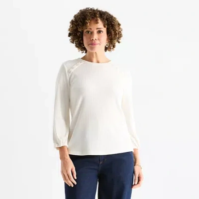 Liz Claiborne Womens Crew Neck 3/4 Sleeve Blouse In White