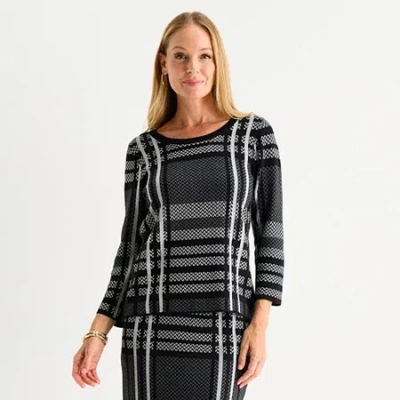 Liz Claiborne Womens Crew Neck 3/4 Sleeve Plaid Pullover Sweater In Black