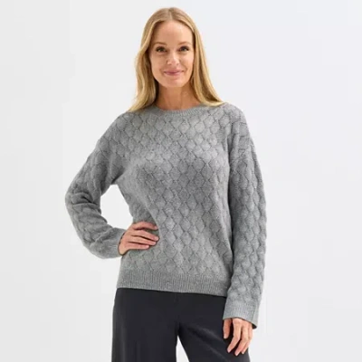 Liz Claiborne Womens Crew Neck 3/4 Sleeve Pullover Sweater In Gray