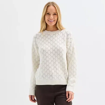 Liz Claiborne Womens Crew Neck 3/4 Sleeve Pullover Sweater In White