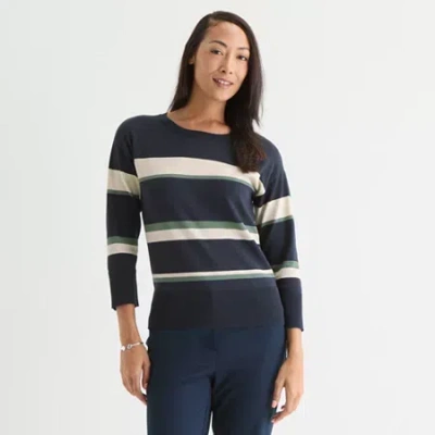 Liz Claiborne Womens Crew Neck 3/4 Sleeve Striped Pullover Sweater In Blue