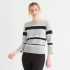 Liz Claiborne Womens Crew Neck 3/4 Sleeve Striped Pullover Sweater In Gray