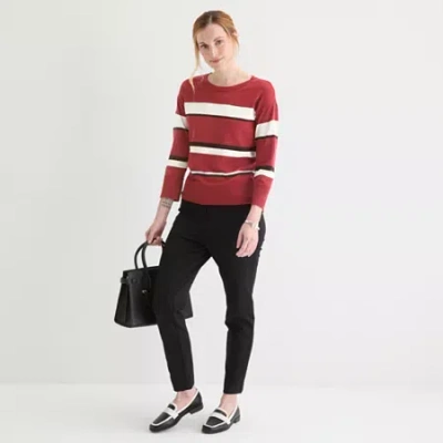 Liz Claiborne Womens Crew Neck 3/4 Sleeve Striped Pullover Sweater In Red