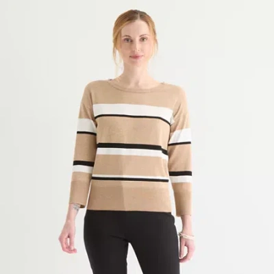 Liz Claiborne Womens Crew Neck 3/4 Sleeve Striped Pullover Sweater In Sand
