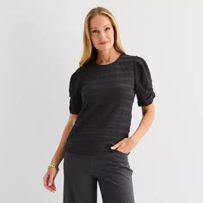 Liz Claiborne Womens Crew Neck Elbow Sleeve Blouse In Blue
