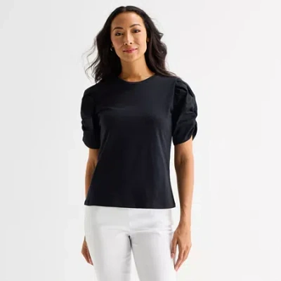 Liz Claiborne Womens Crew Neck Elbow Sleeve Blouse In Blue