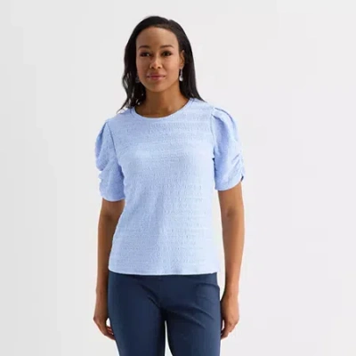 Liz Claiborne Womens Crew Neck Elbow Sleeve Blouse In Blue
