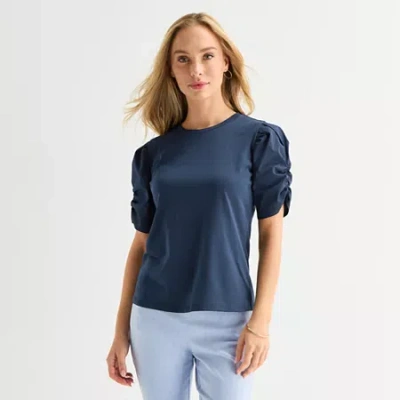 Liz Claiborne Womens Crew Neck Elbow Sleeve Blouse In Blue