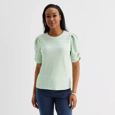 Liz Claiborne Womens Crew Neck Elbow Sleeve Blouse In Green
