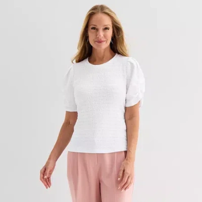 Liz Claiborne Womens Crew Neck Elbow Sleeve Blouse In White