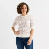 Liz Claiborne Womens Crew Neck Elbow Sleeve Floral Pullover Sweater In White
