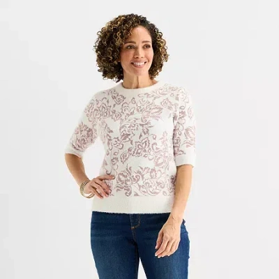 Liz Claiborne Womens Crew Neck Elbow Sleeve Floral Pullover Sweater In White