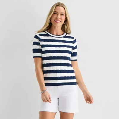 Liz Claiborne Womens Crew Neck Elbow Sleeve Striped Pullover Sweater In Blue