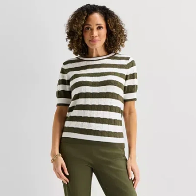 Liz Claiborne Womens Crew Neck Elbow Sleeve Striped Pullover Sweater In Green