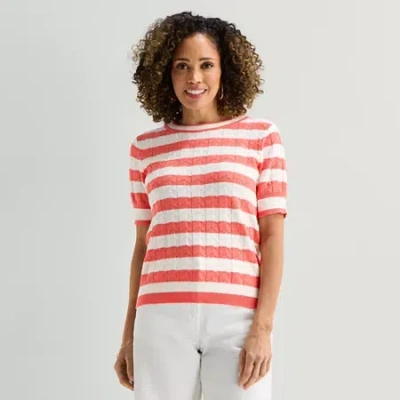 Liz Claiborne Womens Crew Neck Elbow Sleeve Striped Pullover Sweater In Pink