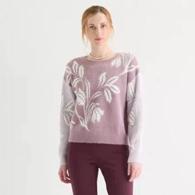Liz Claiborne Womens Crew Neck Embellished Long Sleeve Floral Pullover Sweater In Purple