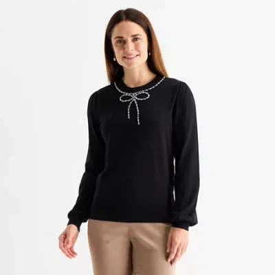 Liz Claiborne Womens Crew Neck Embellished Long Sleeve Pullover Sweater In Black