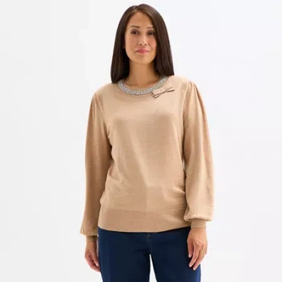 Liz Claiborne Womens Crew Neck Embellished Long Sleeve Pullover Sweater In Brown