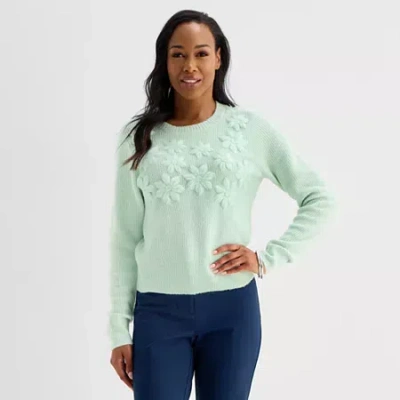 Liz Claiborne Womens Crew Neck Embellished Long Sleeve Pullover Sweater In Green