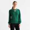 Liz Claiborne Womens Crew Neck Embellished Long Sleeve Pullover Sweater In Green