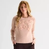 Liz Claiborne Womens Crew Neck Embellished Long Sleeve Pullover Sweater In Pink